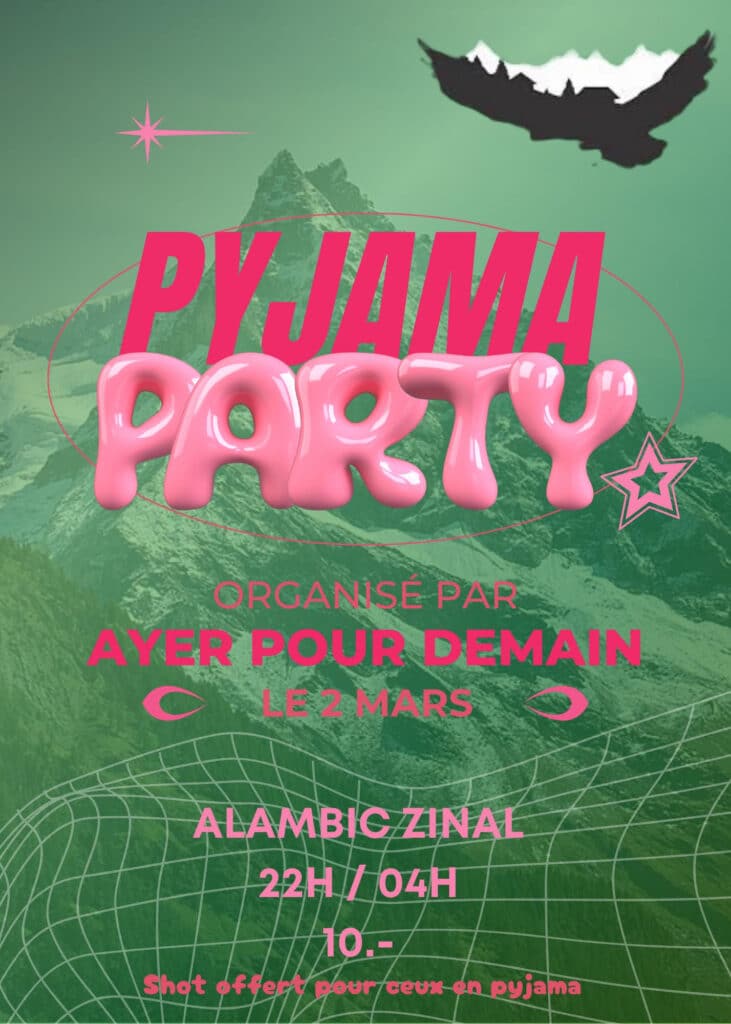 Affiche promotionnelle rose et verte pour une soirée Pyjama Party.