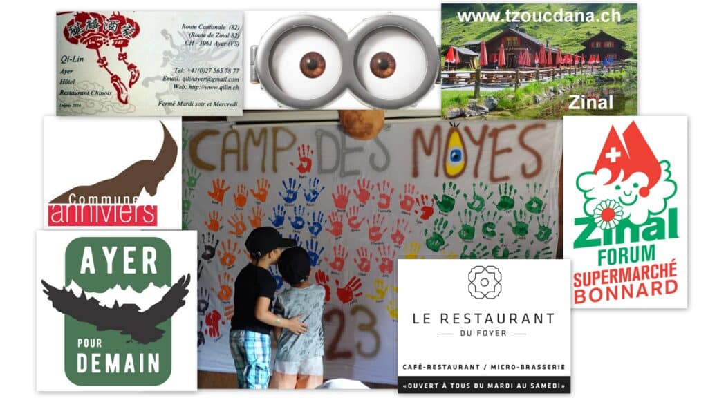 Collage de photos d'un camp d'enfants et logos locaux.
